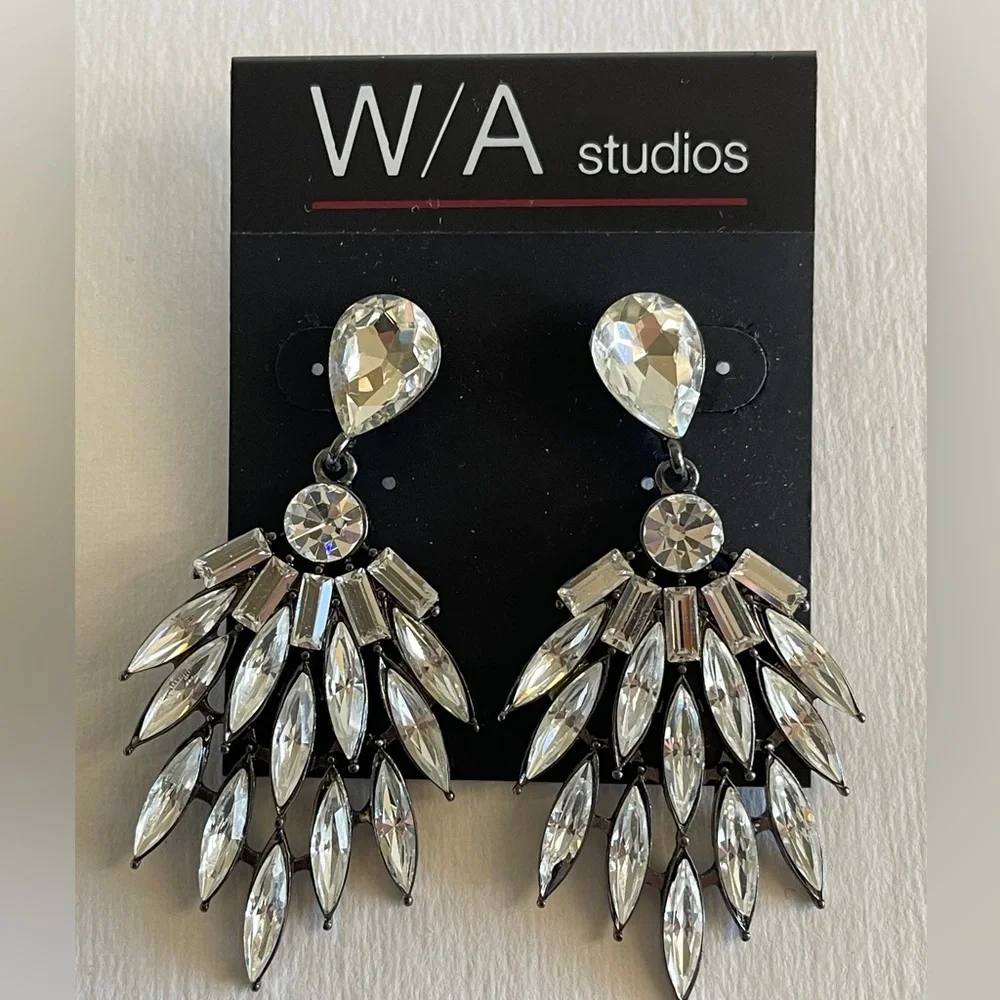 NWT WA Studios Crystal Silver Statement Earrings - Picture 3 of 6